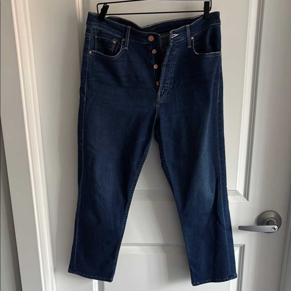 Mother Demin Dark Wash Button-Fly Jeans (cropped)